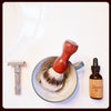 shave oil, shave soap, shave brush, & safety razor